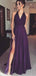 A-Line V-Neck Sleeveless Grape Chiffon Prom Dresses with Split, TYP1331