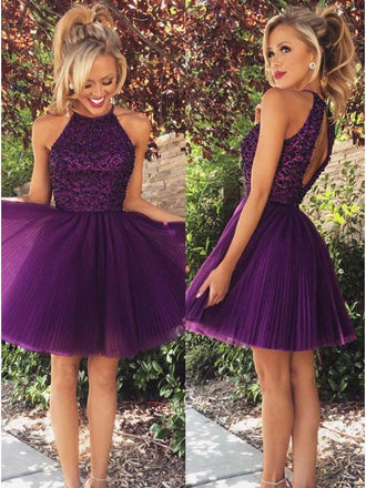 Purple Sexy Open back Halter Beaded Homecoming Prom Dresses Online, TYP1141