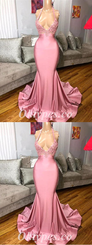 Sexy Blush Satin Halter Sleeveless Mermaid Long Prom Dresses With Applique,PDS0545