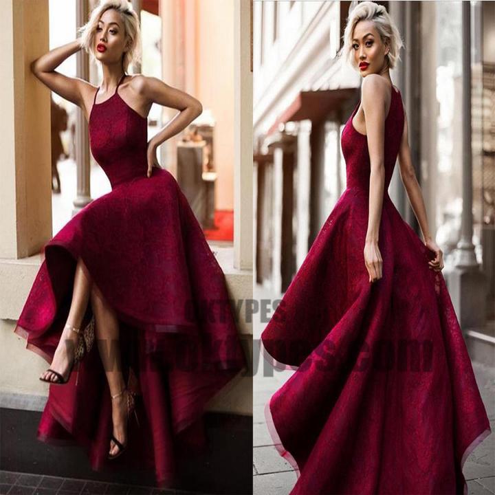 Sexy Fashion High Low Red Lace Halter Custom Cheap Evening Prom Dresses, TYP0617