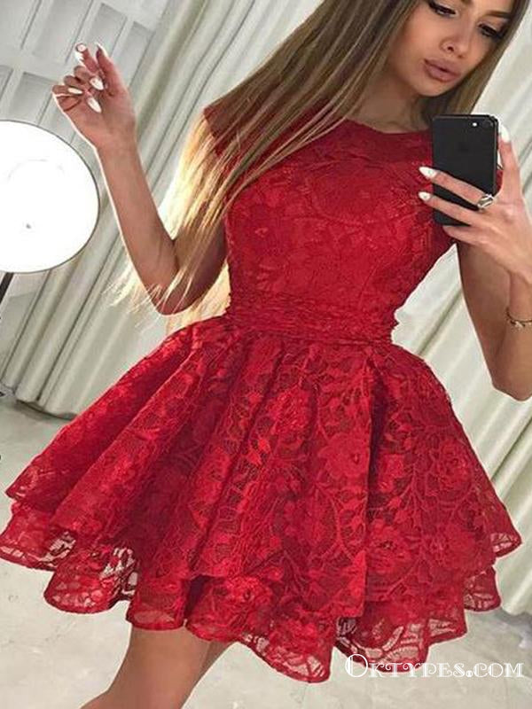 cheap party dresses Pretty Round Neck Short Cheap Red Lace Homecoming Party Dresses, TYP10 – Oktypes