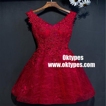 Two Straps Red Lace Heavily Beaded Homecoming Prom Dresses, TYP0902