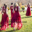 Long Red Lace Top V-Neck Long A-line Chiffon Bridesmaid Dresses, TYP0648