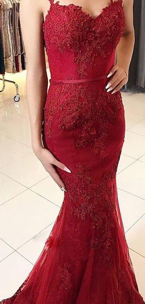 Burgundy Spaghetti Strap Lace Appliqued Long Mermaid Prom Dresses, TYP1453