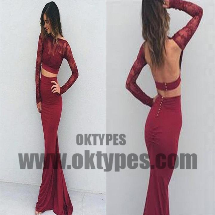 Red Two Piece Top Lace Jersey Prom Dresses, Bateau And Backless Prom Dresses, TYP0672