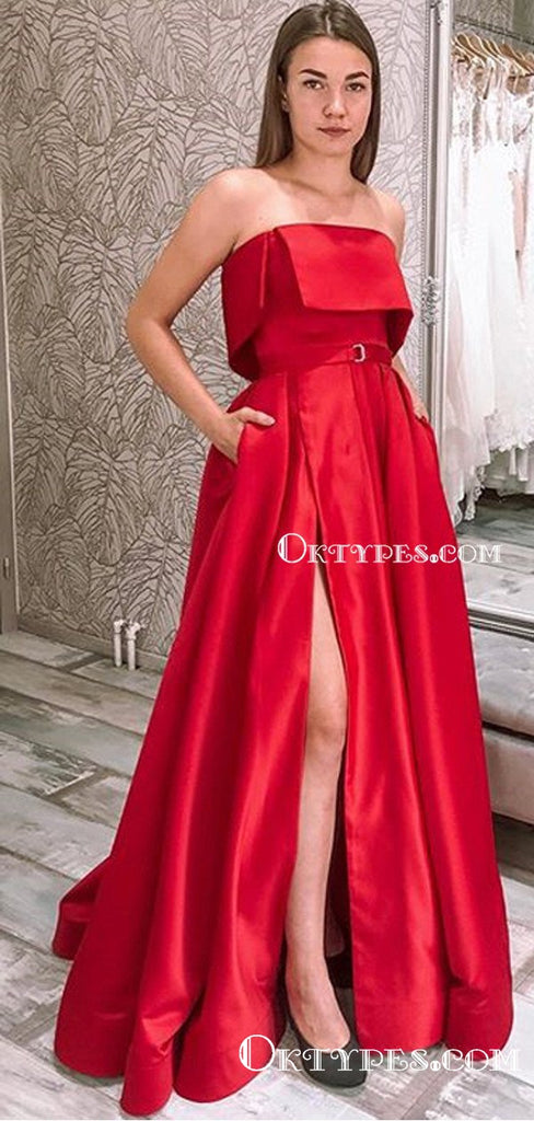 Charming Simple Red Satin Strapless Sleeveless A-line Long Cheap Side Slit Prom Dresses With Pockets, PDS0036