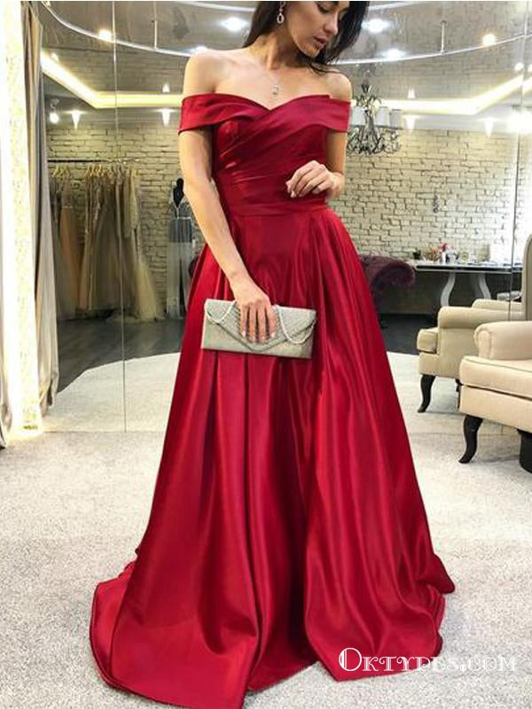 Simple Elegant Off the Shoulder Red Long Cheap Prom Dresses, TYP1729
