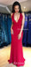 Charming Backless Red Mermaid Satin Sexy Deep V-neck Lace Up Back Long Cheap Formal Prom Dresses, PDS0044