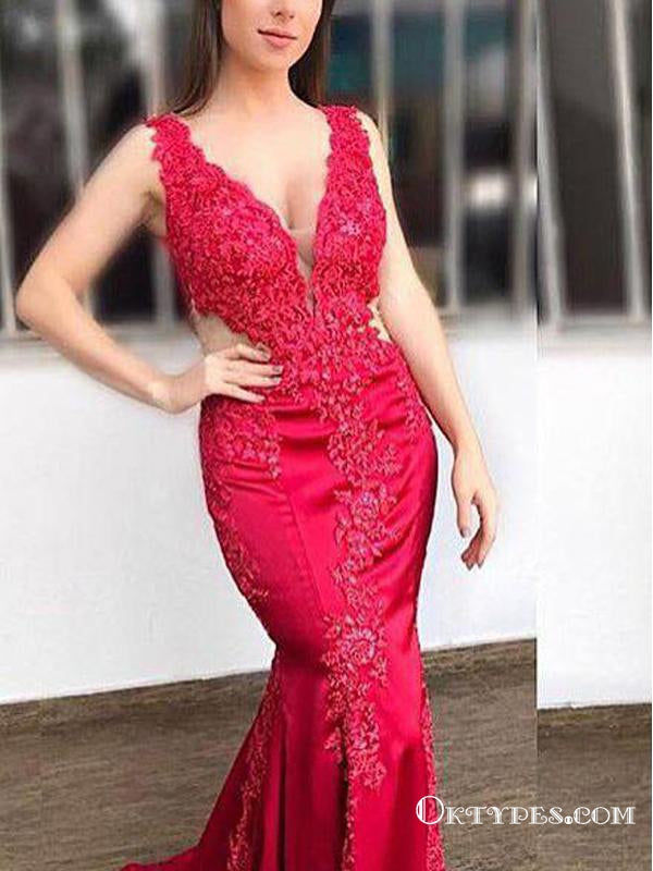 Mermaid V-Neck Lace Appliques Long Cheap Red Prom Dresses, TYP1794