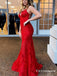 Spaghetti Straps Mermaid All Over lace Red Long Prom Dresses, TYP1900