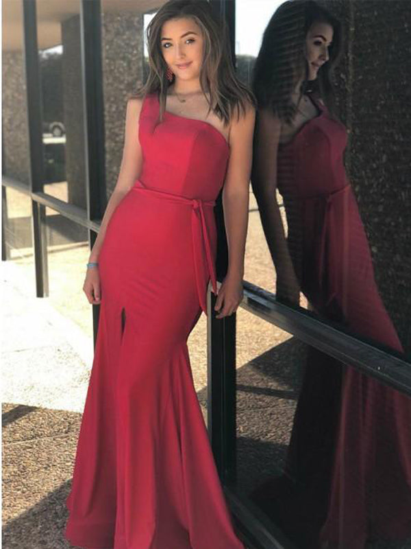 Charming Red One Shoulder Long Mermaid Prom Dresses with Split, TYP1595