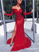 Mermaid Off the Shoulder Red Sequin Long Prom Dresses with Sleeves, TYP1635