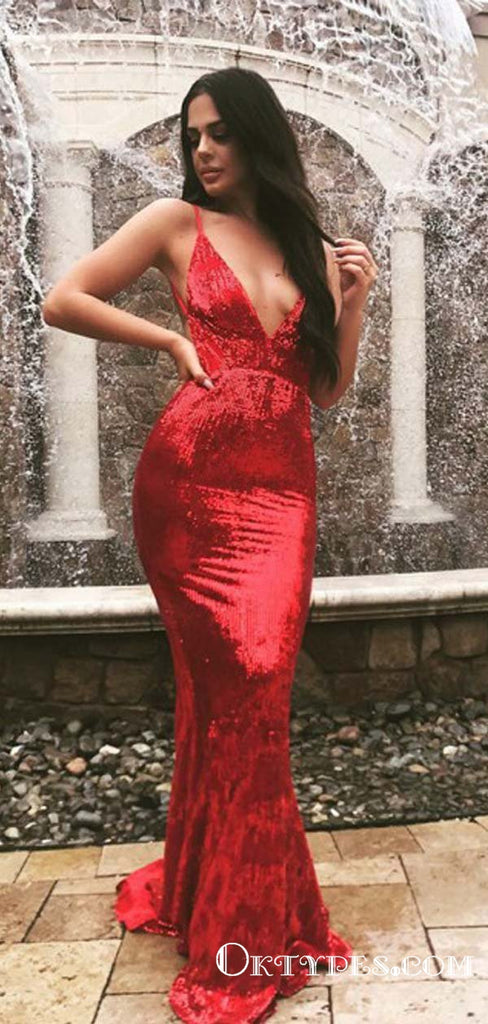 Mermaid Spaghetti Straps Backless Red Sequined Evening Prom Dresses, TYP1688