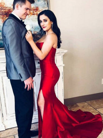 Mermaid Strapless Long Cheap Red Satin Sleeveless Split Pleats Prom Dresses, TYP1354