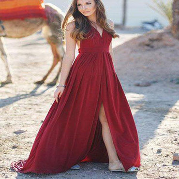 Red Long Floor Length Prom Dresses, Beading Prom Dresses, Appliques Prom Dresses, V-back Zipper Prom Dresses, TYP0288