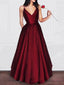 Red Long V-neck A-line Simple Princess Cheap Satin Prom Dresses, TYP1122