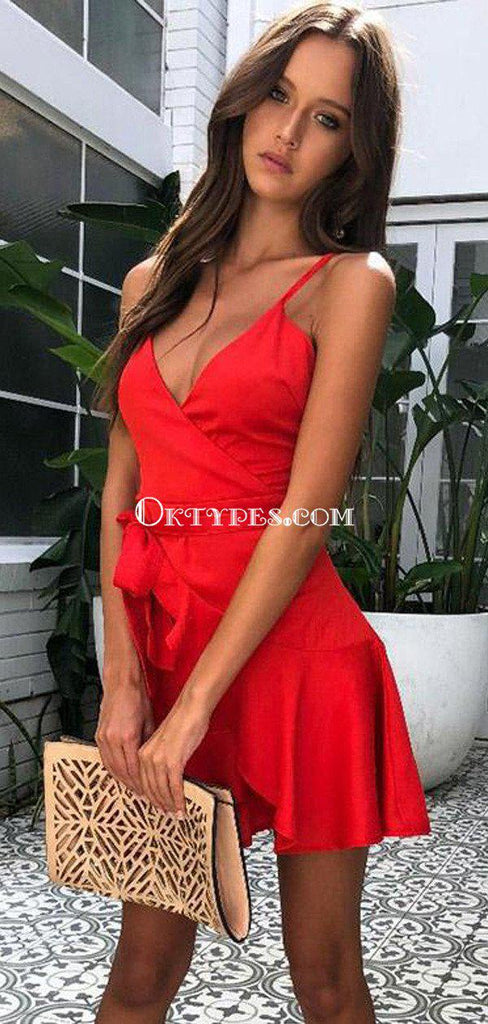 Simple Spaghetti Strap Red Satin A-line Cheap Short Homecoming Dresses, HDS0025