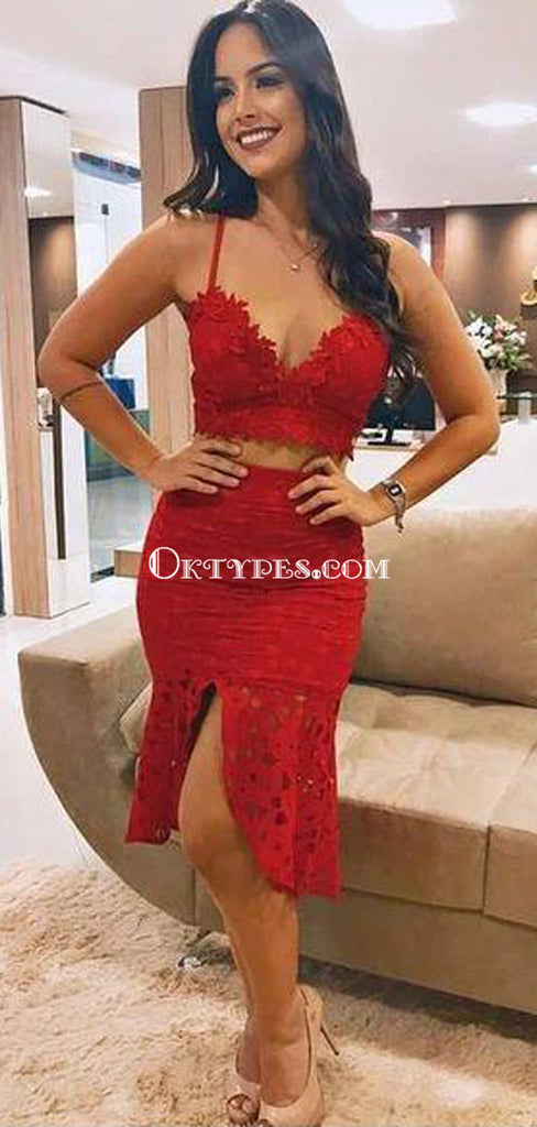 Two Piece Spaghetti Strap Red Lace Mermaid Short Homecoming Dresses, HDS0043