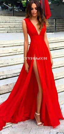 Sexy Side Slit Low V Neck A line Long Evening Prom Dresses, PDS0087