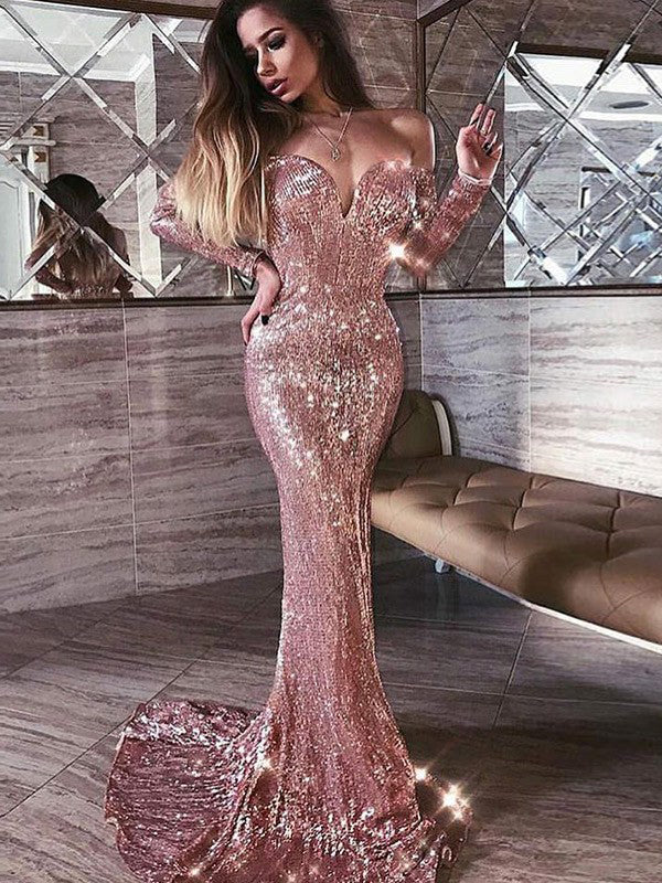 Mermaid Off-the-Shoulder Long Sleeves Rose Gold Sequin Prom Dresses, TYP1435