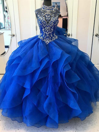 Royal Blue Organza High Neck Princess Dresses Burgundy Prom Dresses, TYP1195
