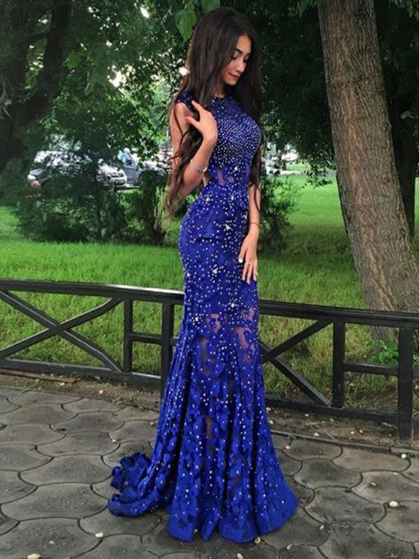 Blue Lace Mermaid Blue Prom Dresses 2023 With Sheer Jewel Neckline, Beaded  Detailing, And Satin Fabric Floor Length Formal Evening Gown For Plus Size  Women From Weddingteam, $127.18 | DHgate.Com