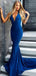 Mermaid Halter V-Neck Long Royal Blue Satin Prom Party Dresses, TYP1504