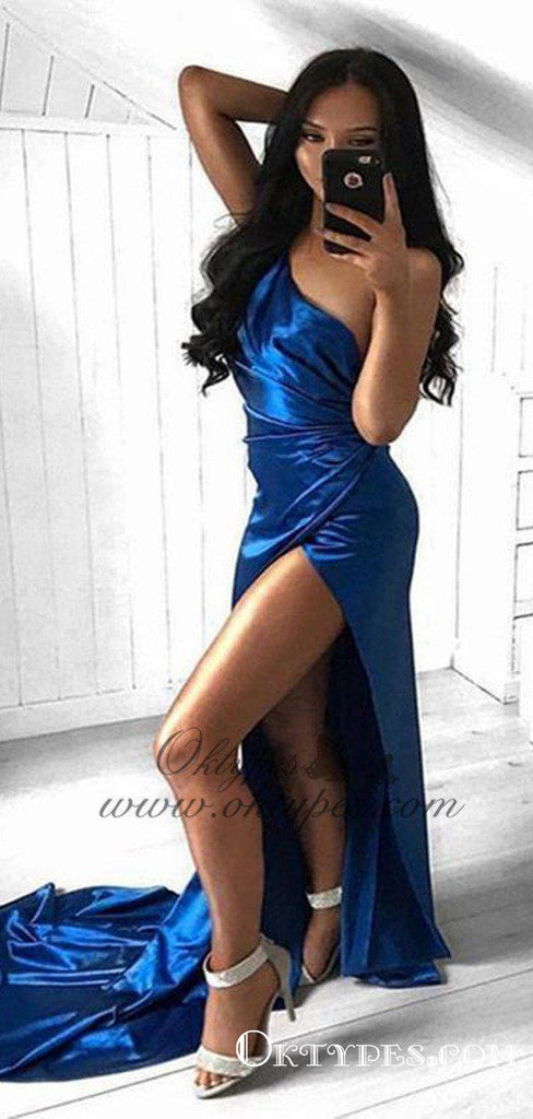 Sexy One Shoulder High Side Slit Royal Blue Long Prom Dresses, TYP1615