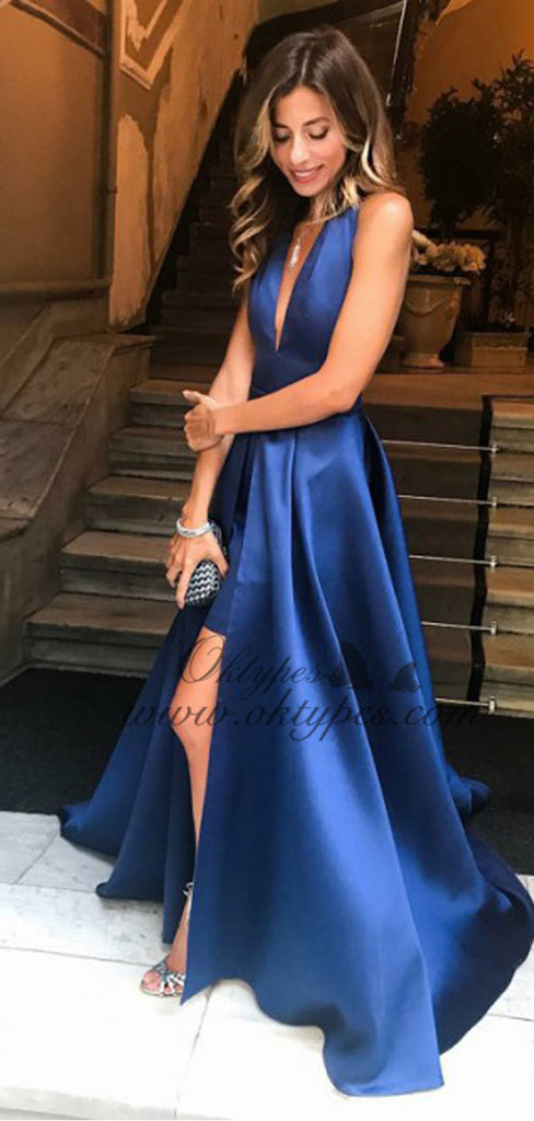 A-Line Halter Backless Royal Blue Satin Prom Dresses with Split, TYP1497
