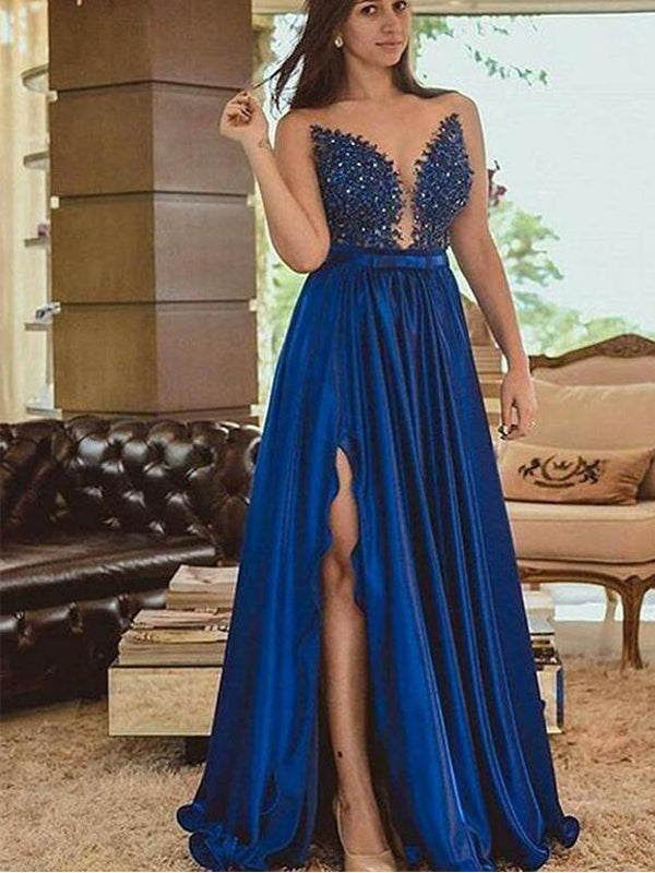 A Line Royal Blue Long Satin Prom Dresses with Split&Beaded, TYP1598