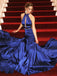 Mermaid High Neck Sweep Train Royal Blue Prom Dresses with Keyhole, TYP1439