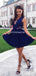 Sexy V-neck Royal Blue Satin A-line Cheap Short Homecoming Dresses, HDS0021