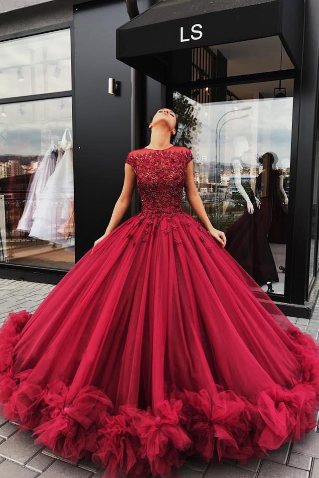 Red Scoop Cap Sleeve Ball Gown Tulle Prom Dresses with Beaded, TYP1433