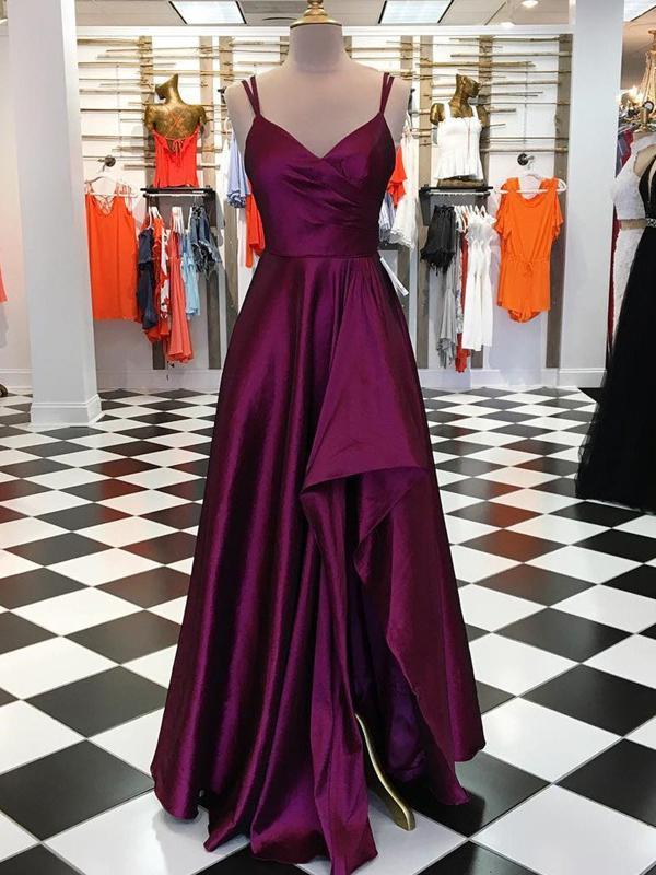 Charming Purple Simple Plum Satin Long Side Slit Prom Dresses, TYP1572 – Oktypes Charming Purple Simple Plum Satin Long Side Slit Prom Dresses, TYP1572 – Oktypes