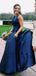 Simple A Line Jewel Sleeveless Long Cheap Navy Blue Satin Prom Dresses, TYP1511
