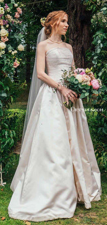 Elegant Strapless Light Champagne Satin Long Cheap Wedding Dresses, WDS0016