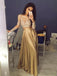 Two Piece Crew Long Sleeves Gold Elastic Satin Long Prom Dresses with Lace, TYP1620