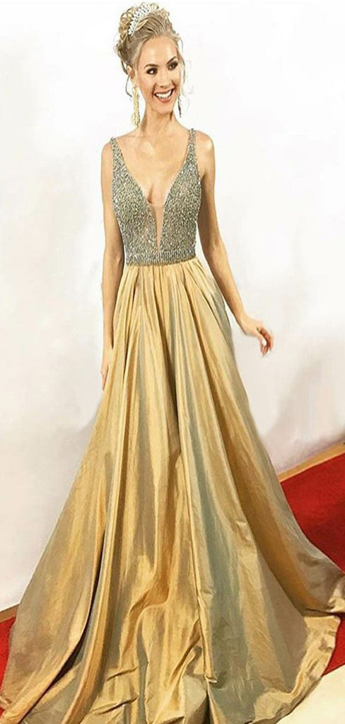 A-Line V-Neck Floor-Length Pleated Gold Taffeta Beaded Prom Dresses, TYP1393