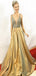 A-Line V-Neck Floor-Length Pleated Gold Taffeta Beaded Prom Dresses, TYP1393