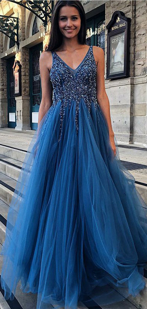 Charming A-Line V-neck Backless Floor-Length Blue Prom Dresses with Beading, TYP1434