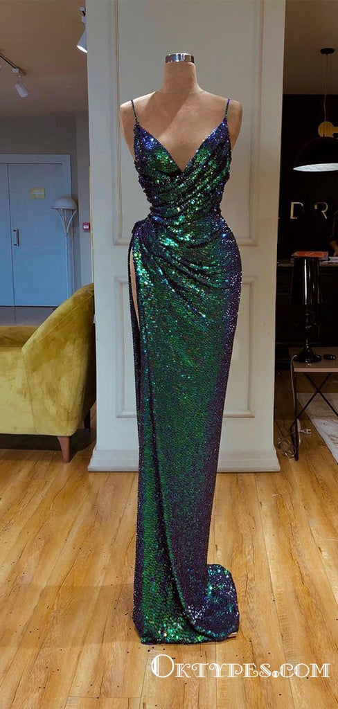 New Arrival Sparkly Sexy Spaghetti Strap Long Sleeves High Slit Long Cheap Sequin Prom Dresses, TYP2053