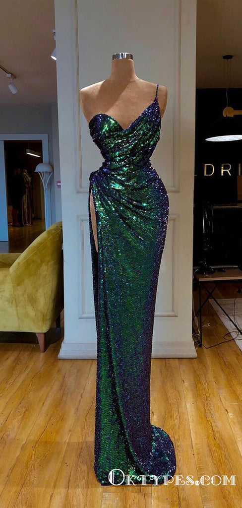 New Arrival Sparkly Sexy A-line One Shoulder Sleeveless High Slit Long Cheap Sequin Prom Dresses, TYP2058