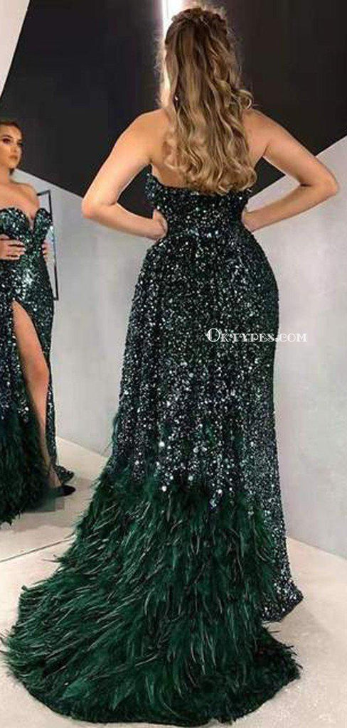 Sexy High Split Mermaid Emerald Green Sequin with Feathers Detachable Train Long Women Formal Prom Dresses, PDS0067