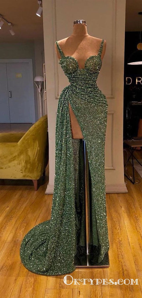 New Arrival Sparkly Sexy A-line Spaghetti Strap Sleeveless High Slit Long Cheap Sequin Prom Dresses, TYP2059