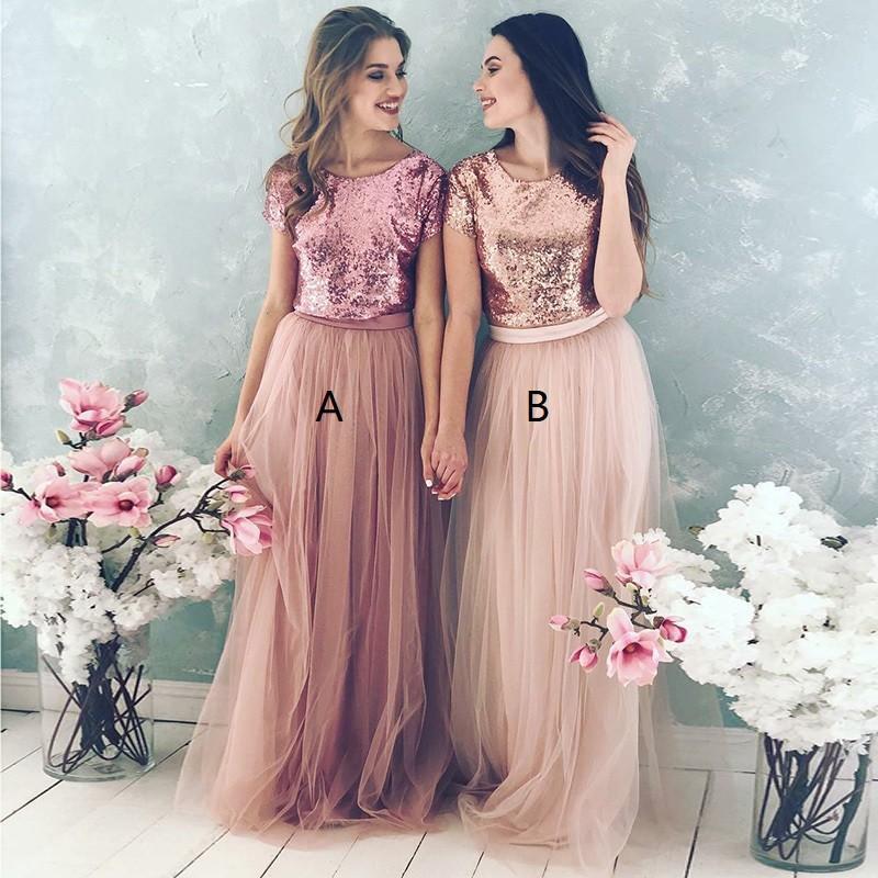 Shinny Top Blush Sequin Lovely Hot Sale Two Piece Tulle Round Neck Long Modest Cheap Bridesmaid Dresses, TYP1134