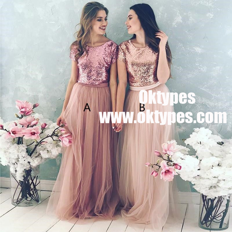 Sequin Bodice Tulle Skirt Cheap Long Bridesmaid Dresses With Sleeves, Oktypes Sequin Bodice Tulle Skirt Cheap Long Bridesmaid Dresses With Sleeves, Oktypes