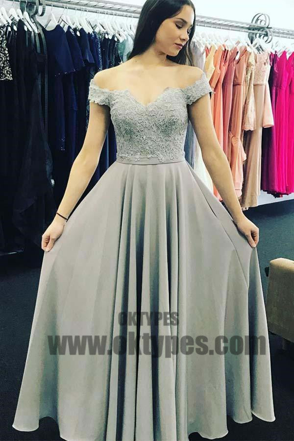 A-Line Off-Shoulder Open Back Sweetheart Grey Chiffon Prom Dresses  with Appliques, TYP0464