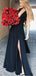 A-Line Deep V-Neck Open Back Long Black Prom Party Dresses with Split, TYP1286