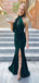 Sexy Dark Green Halter Long Sheath Mermaid Velvet Prom Dresses, TYP1593