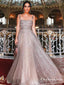 Glitter A-Line Spaghetti Straps Champagne Sequin Long Prom Dresses, TYP1650
